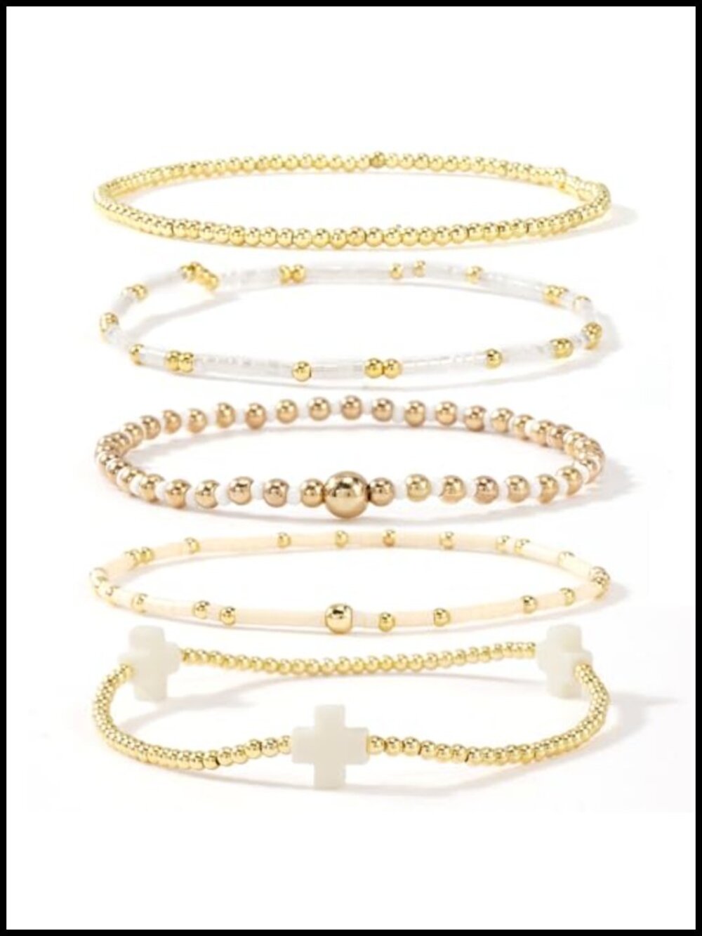 5Pcs Gold Plated Cross Beaded Bracelets Stack Set for Women, Stretch Stackable